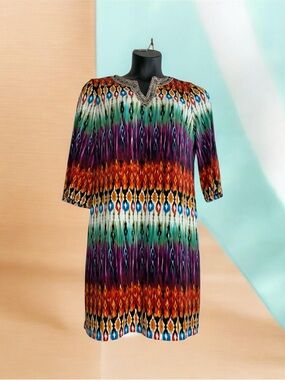 Chico's Multicolor Ikat Print Dress with Beaded Neckline large stretchy